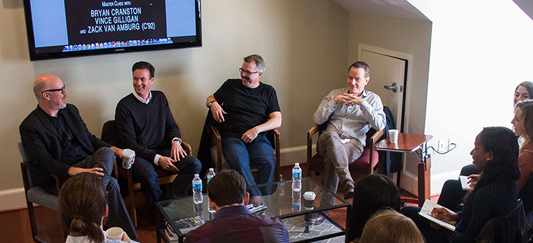 Associate Dean Bernie Cook hosts Zack Van Amburg (C’92), Vince Gilligan, and Bryan Cranston (left to right) for a master class on the AMC series, Breaking Bad. Photo by Phil Humnicky.