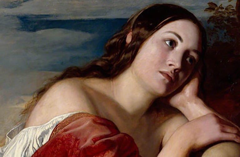 A painting of Mary Magdalene wearing a red dress against a blue background