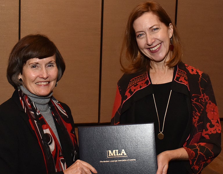 Professor Sarah McNamer is presented with an MLA award for her recent book