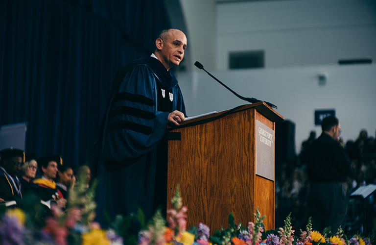 Dean Christopher Celenza speaks at the College commencement ceremony in McDonough Arena