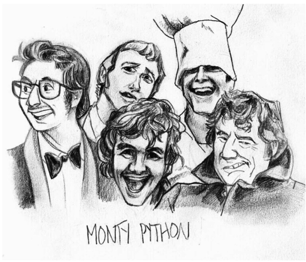 Graphite drawing of members of Monty Python