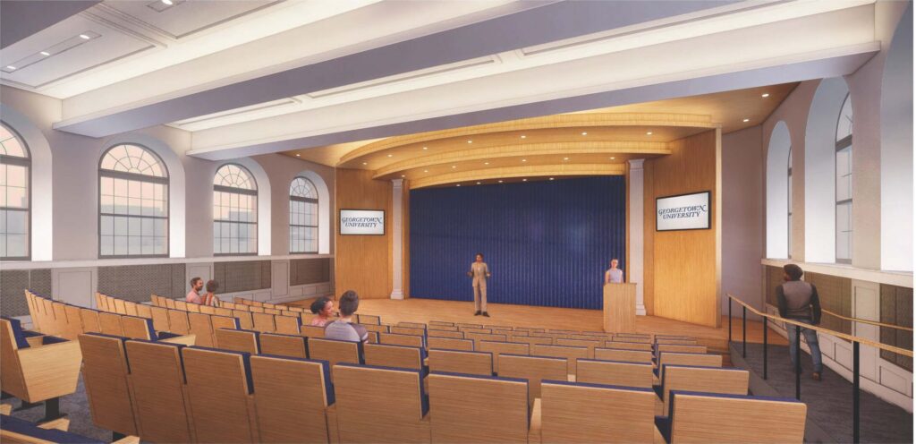 An artistic rendering shows an improved McNeir Auditorium with a lecturer on stage.