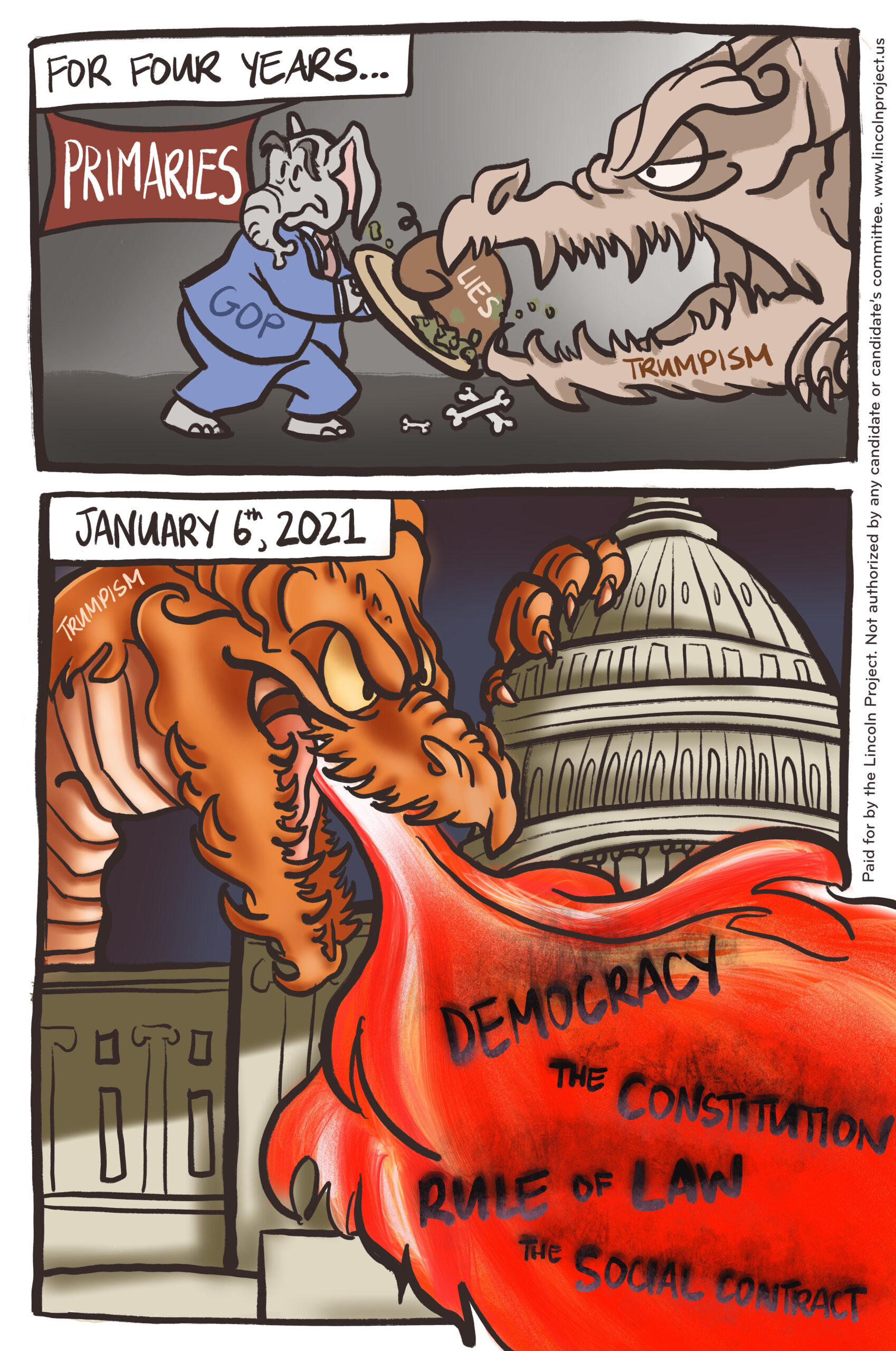 A cartoon in which the first panel depicts an elephant marked as the G.O.P. feeding a dragon lies. The following panel shows the dragon attacking the U.S. Capitol on January 6th.