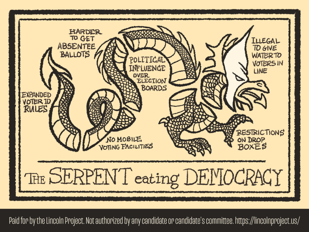 A cartoon drawn in the style of the famous Join, or Die snake. Separate parts of the snake are labeled as threats to democracy.