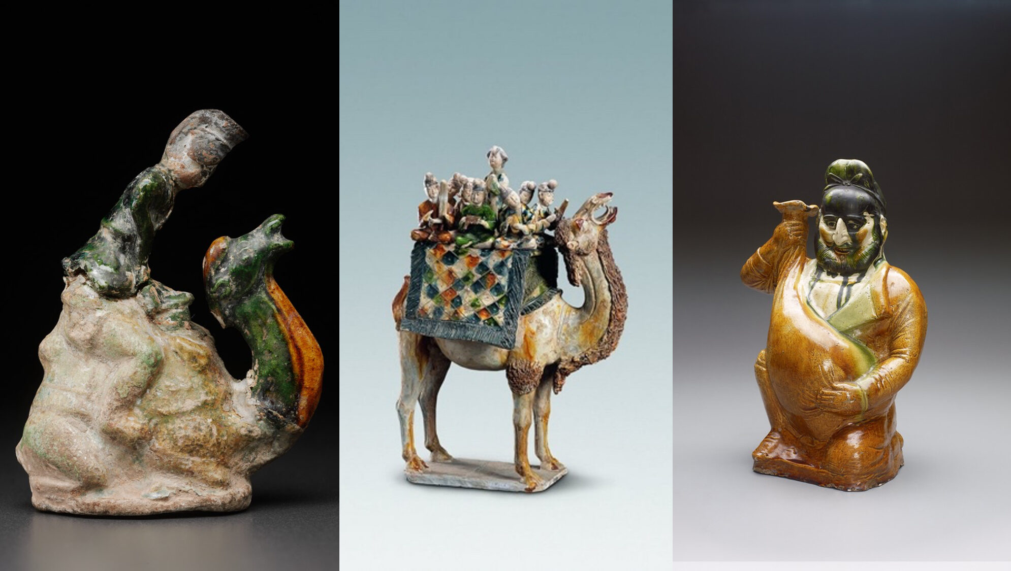 Three small painted ceramics depicting an individual on a camel, a group on a camel and a solitary man.
