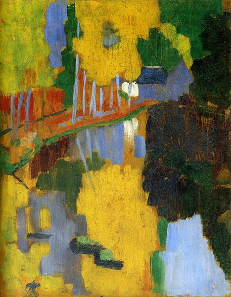 A painting of oil on wood. Bright yellows and greens depict trees alongside a body of water. They follow a road and lead to a nondescript house. 