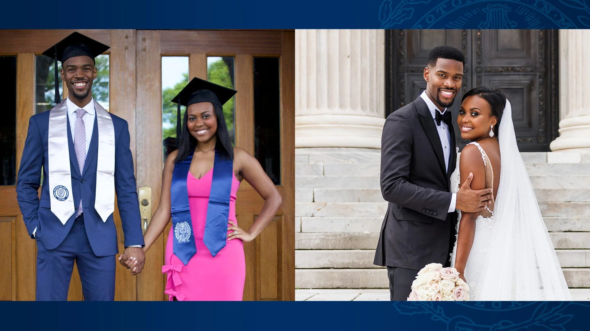 A couple is depicted in two pictures. In the first, they wear formal clothing and their graduation caps. They stand in front of Healy Hall. In the second photo, the same couple is wearing wedding attire.