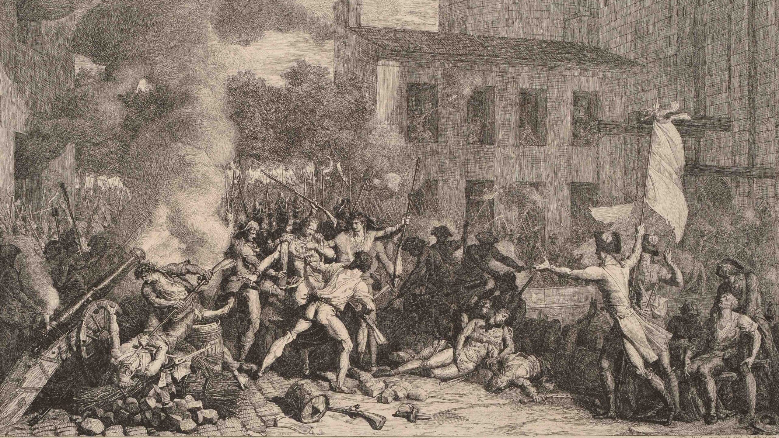 A black and white etching shows a crowd of people storming a prison during the French Revolution. Smoke rises and chaos reigns.