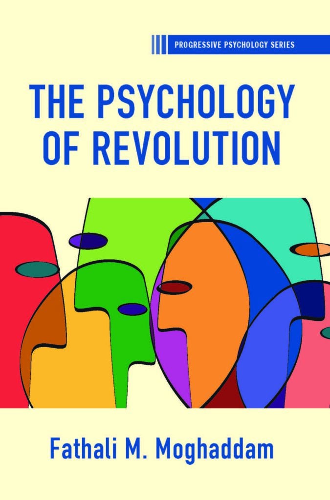 The cover of a book titled The Psychology of Revolution. It bears abstract images of individual faces with bold colors overlayed.