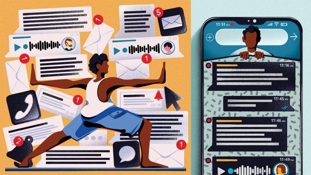 Two illustrations. On the left, a man in blue shorts and a white shirt stretching. His pose is reminiscent of yoga. Surrounding him are black and white notifications on top of a yellow background. On the right, a smart phone with several notifications. At the top is the outline of a man trying to sleep -- the notifications of the phone become a blanket over his body.