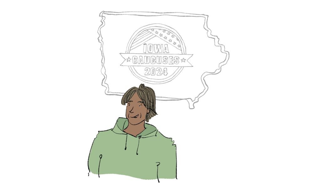 An illustration of a young man standing at the 2024 Iowa caucuses. He wears a green hoodie.