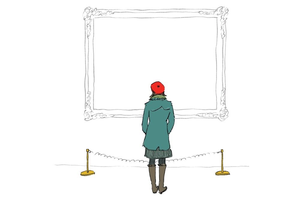 An illustration of a young lady looking at a painting. The frame is empty. she wears rain boots, a long coat, and a red beret.