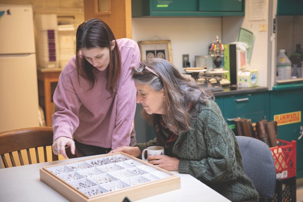 Two women look at insect specimens contains in a wooden case with a glass cover. One stands and looks down at the box while the other sits.