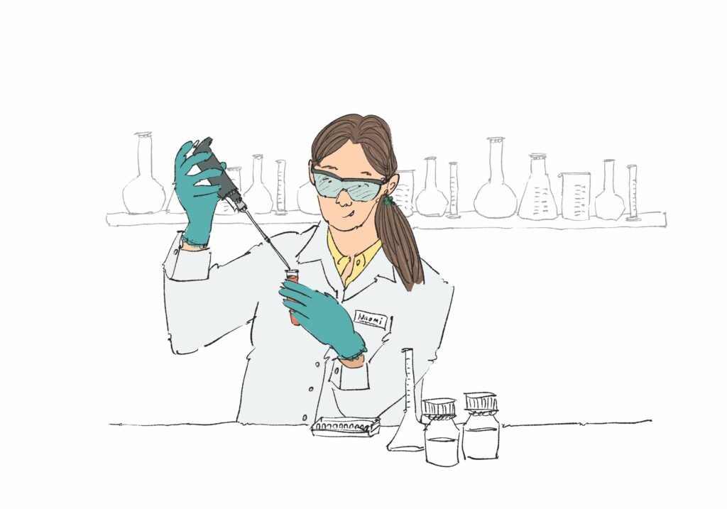 An illustration of a girl with long hair wearing a white coat and goggles. She is working in a chemistry lab.