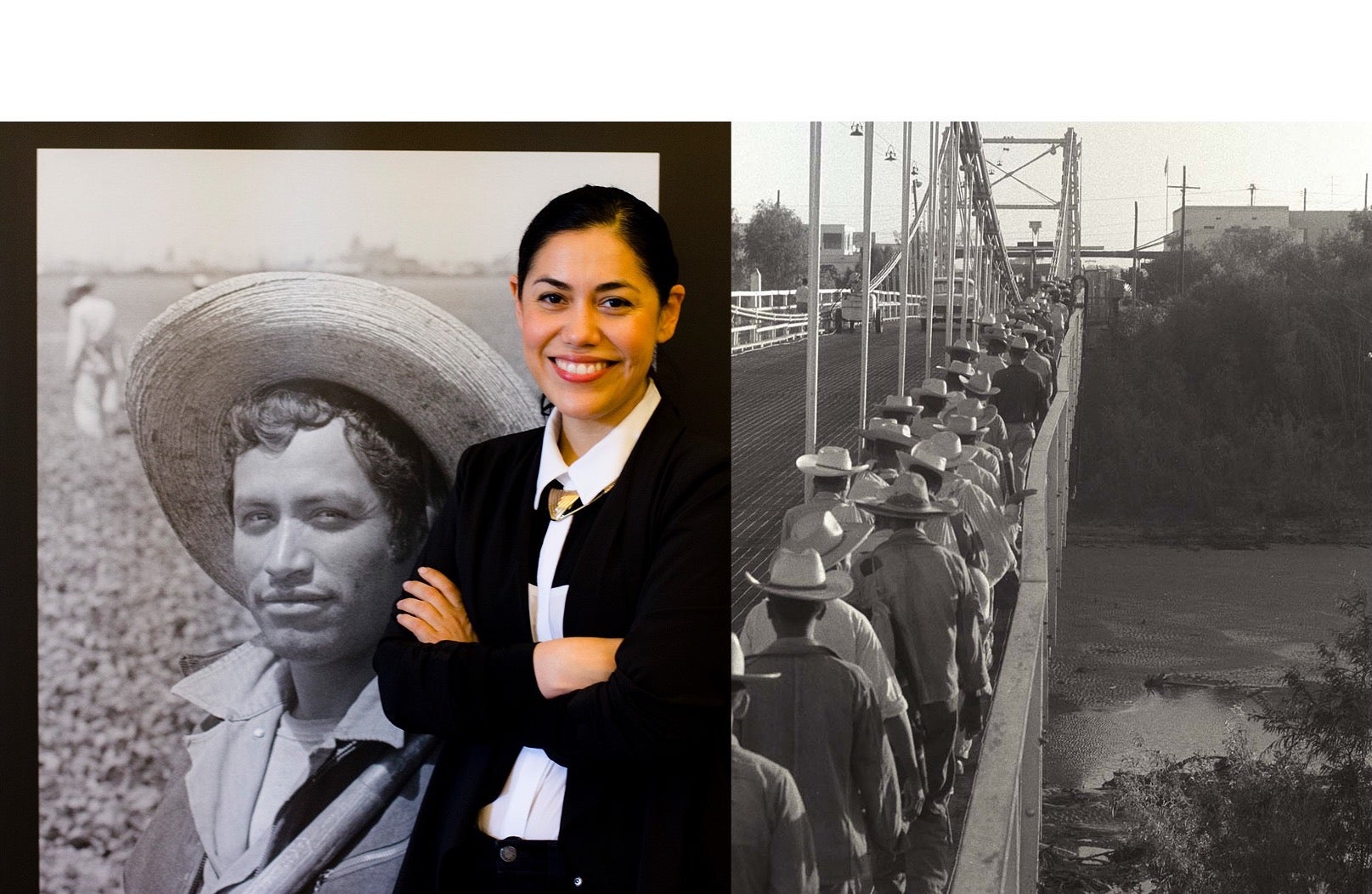 On the left, a woman in formal attire stands in front of a black-and-white photo of a man wearing a wide-brimmed straw hat. On the right, a black-and-white photo showing a line of men in hats walking across a bridge.
