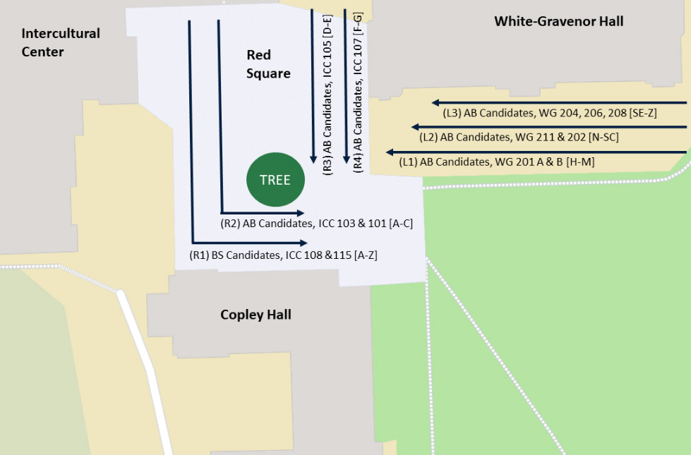 The map shows the locations where graduates will line up before the procession for the Commencement Ceremony. In Red Square, BS Candidates A-Z and AB Candidates A-C will line up to the right of the tree. AB Candidates D-E and F-G will line up to the left of the tree. On the White-Gravenor Esplanade, AB Candidates H-M, N-SC, and SE-Z will line up.