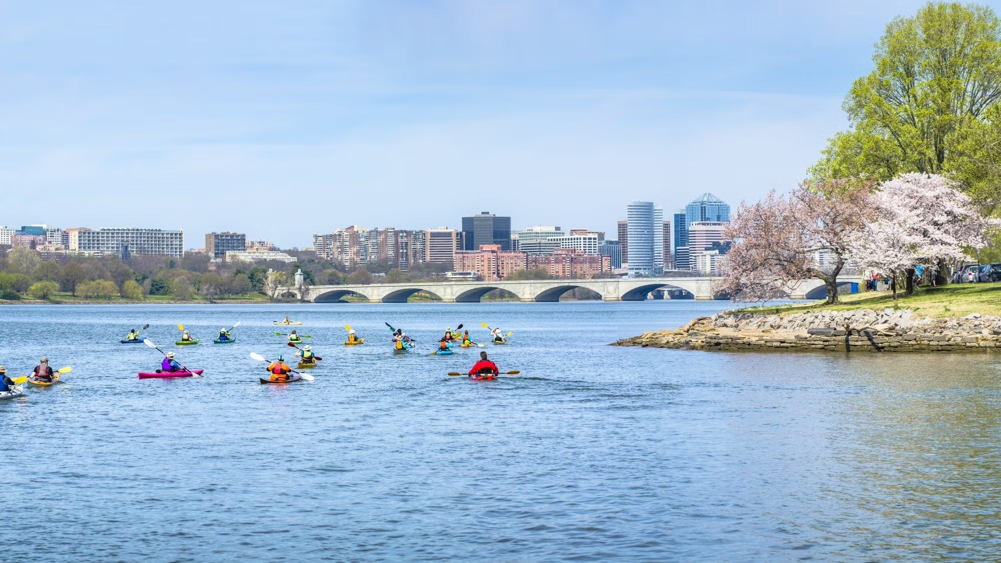 A group of kayakers on the Potomac River.