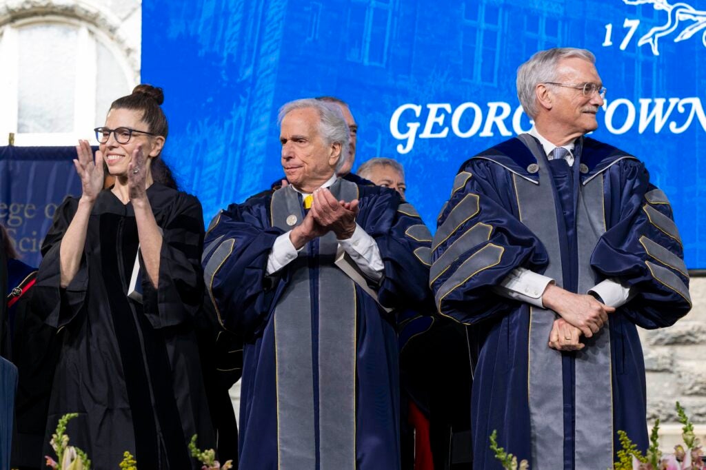 Sky Sitney, Henry Winkler and Robert M. Groves at the 2025 College of Arts & Sciences Commencement ceremony
