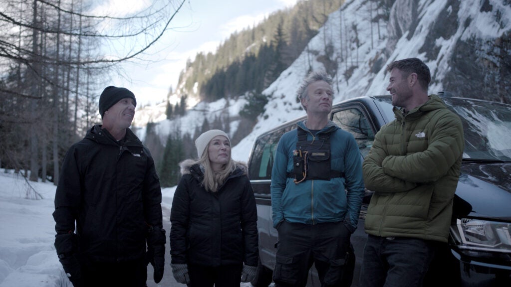 Hemsworth, right, with his support team of (left to right), Robbie Maddison, Abigail Marsh and Percy Bishton discuss the climbing challenge. 