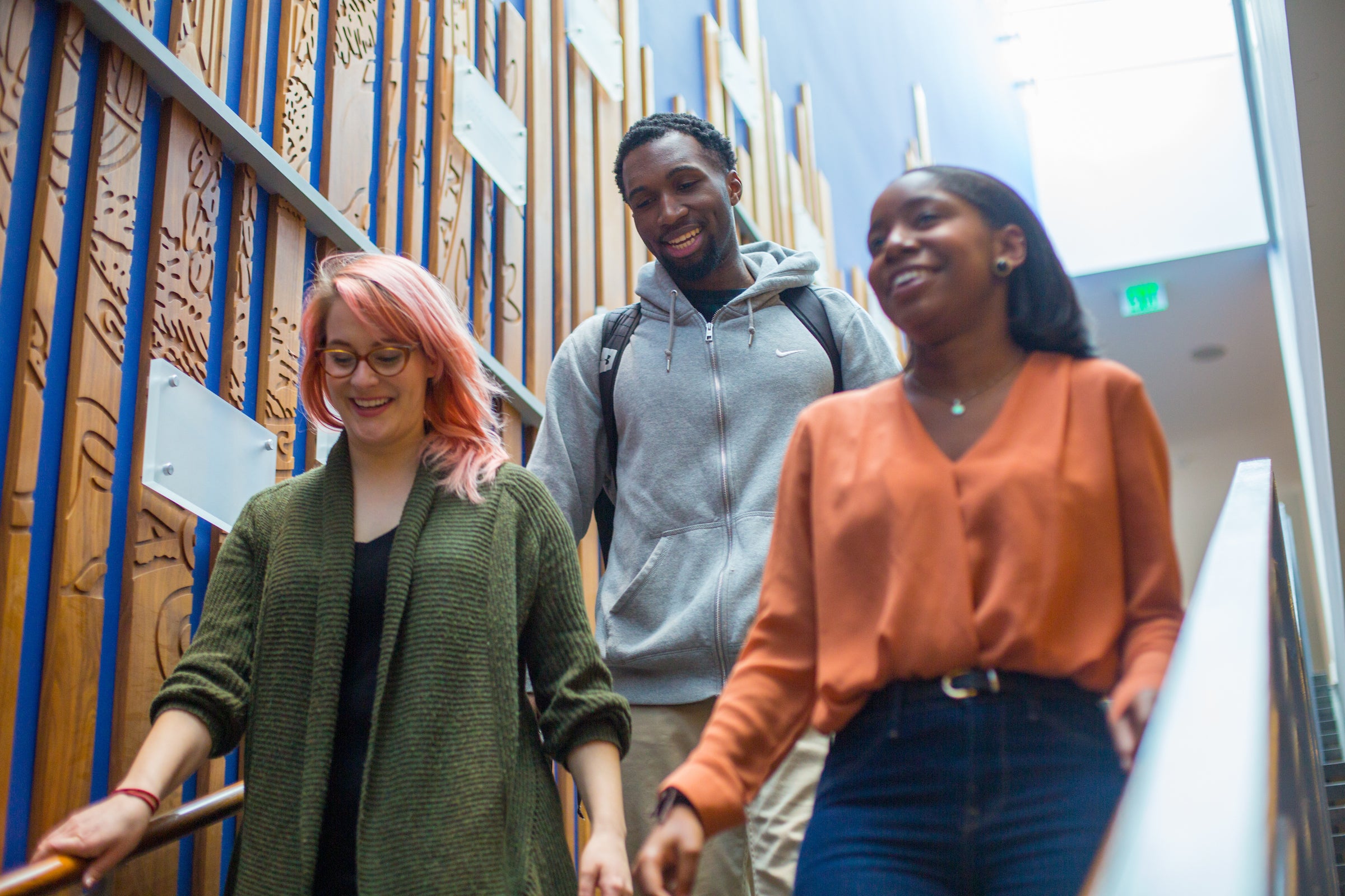 Graduate students descending stairs