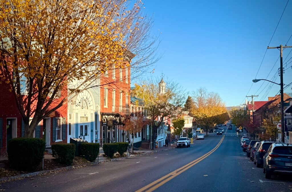 The sun casts a shadow on buildings in the Shepherdstown Historic District