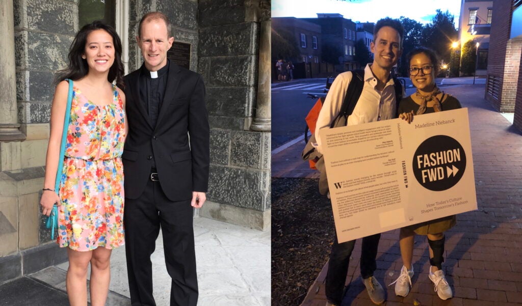 A splitscreen photo of a Georgetown University graduate with her college professors
