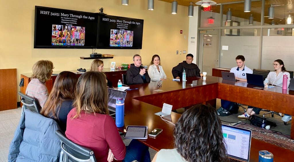A Franciscan scholar speaks to a Georgetown University history class