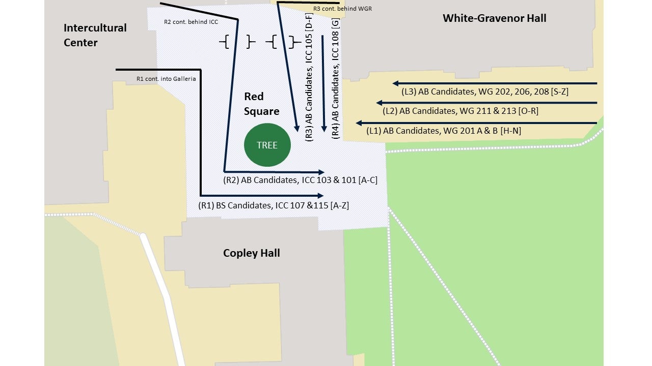 The map shows the locations where graduates will line up before the procession for the Commencement Ceremony. In Red Square, BS Candidates A-Z and AB Candidates A-C will line up to the right of the tree. AB Candidates D-F and G will line up to the left of the tree. On the White-Gravenor Esplanade, AB Candidates H-N, O-R, and S-Z will line up.