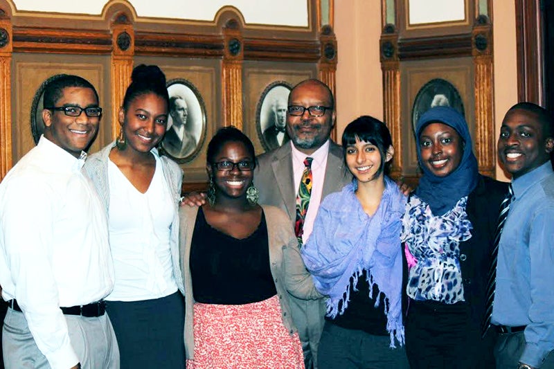 
Members of the Patrick Healy Fellowship, from left to right: Ryan Wilson (C’12, L’15), Britt’ne McCrimmon (C’13), Stephanie Frenel (SFS’12), Dennis Williams (Fr. Assoc. Dean & Dir. of CMEA), Donna Hernandez (SFS’13), Dr. Ayesha Yakubu (N’13) and Henderson.