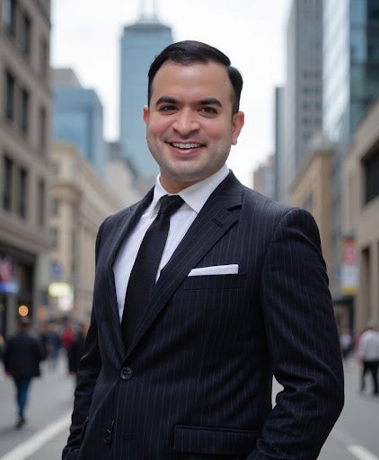 A student with short dark hair, smiling and wearing a dark suit while standing on a city street.