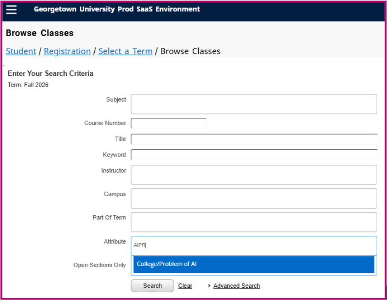 Screenshot of the schedule of classes, showing how to input search criteria in the Attribute section.